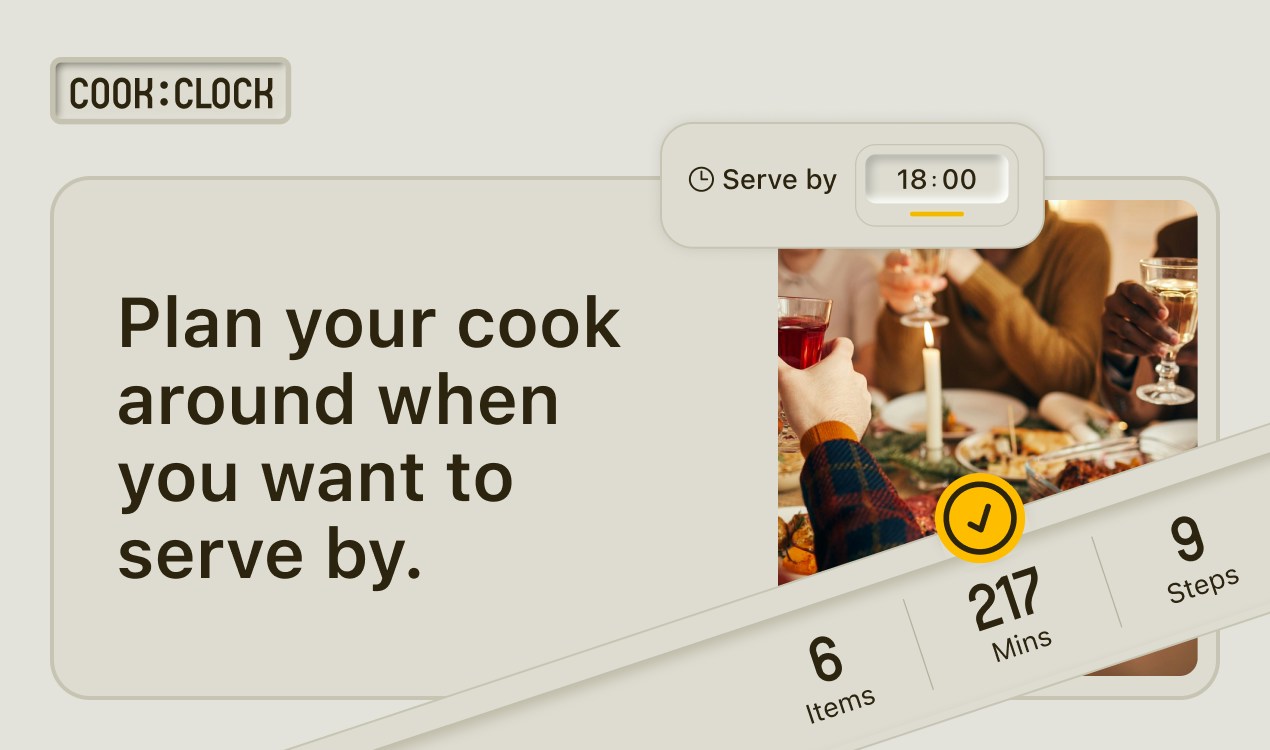 Pick a serve-by time and the whole plan shifts to land on it: 6 items, 217 minutes, 9 steps.