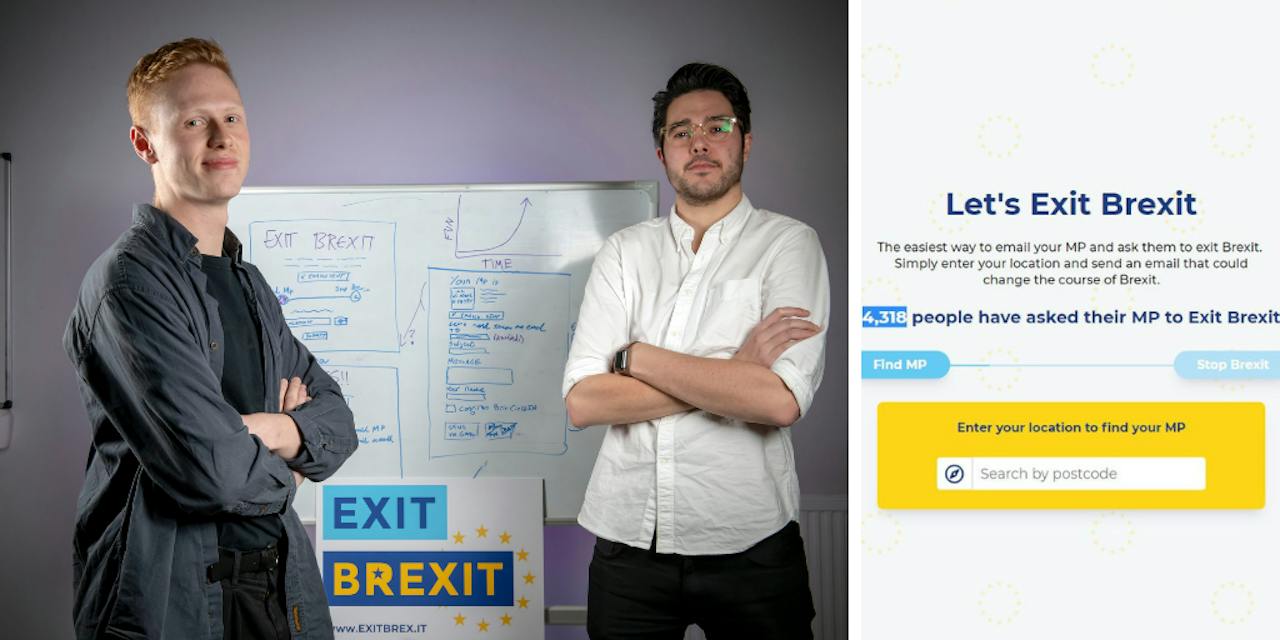 Neu's Richard Phillips-Kerr and Grant with the whiteboard wireframes (PA photo), next to the site a day after launch: 4,318. Via The Drum.
