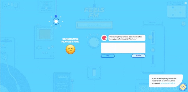 Step two: while the playlist 'generates', the bot asks a question, with Skip right there. Bottom right: a prompt pointing to people you can talk to. (Product Hunt gallery, 2018.)