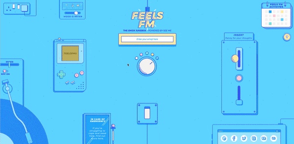 Feels FM on desktop at launch, September 2018: a Game Boy, a turntable, a mood-o-meter, a slot marked 'penny for your thoughts' and an 'in case of emergency' card. Frame from the Product Hunt gallery.