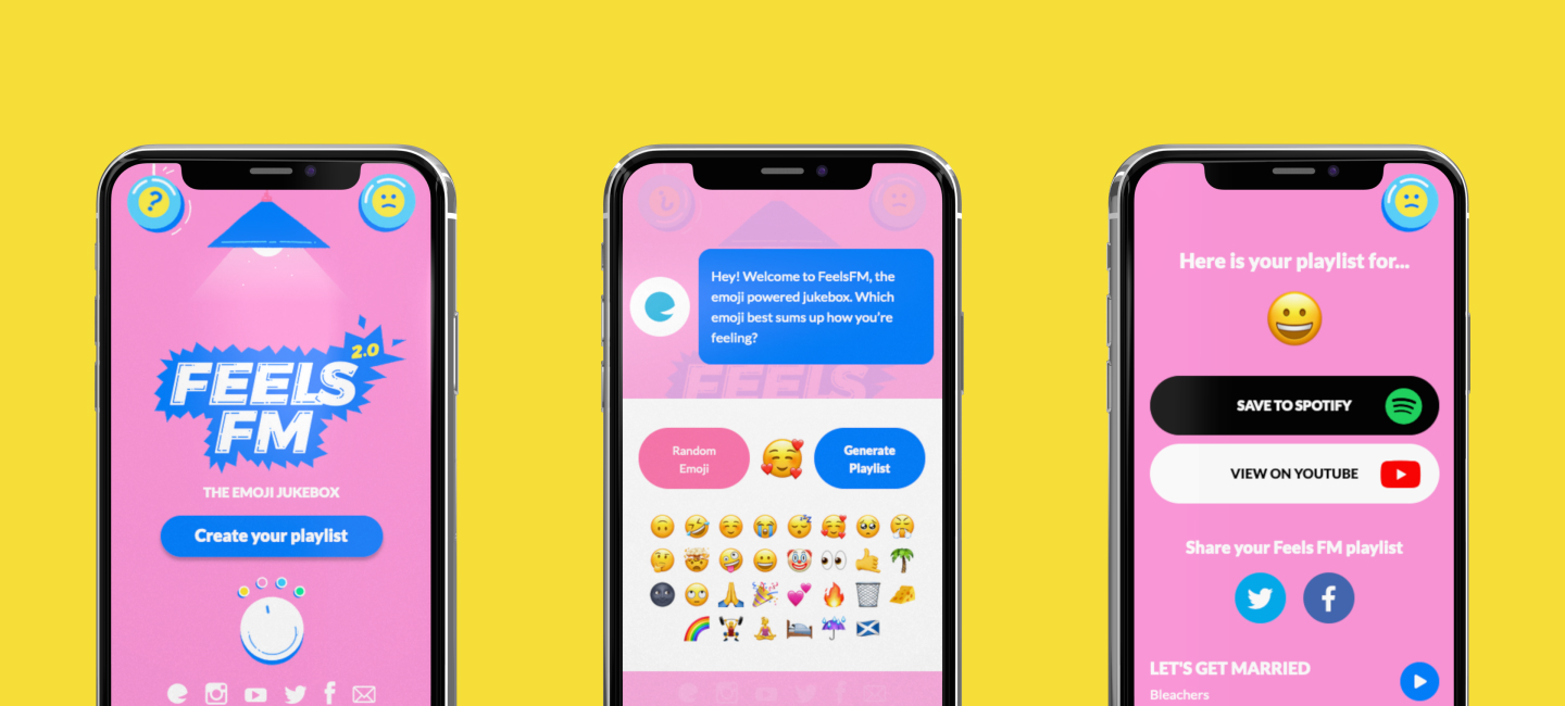 Feels FM 2.0, relaunched in 2021: pink, a lamp instead of a bulb, and a results page with Save to Spotify and View on YouTube. From NEU's case study.