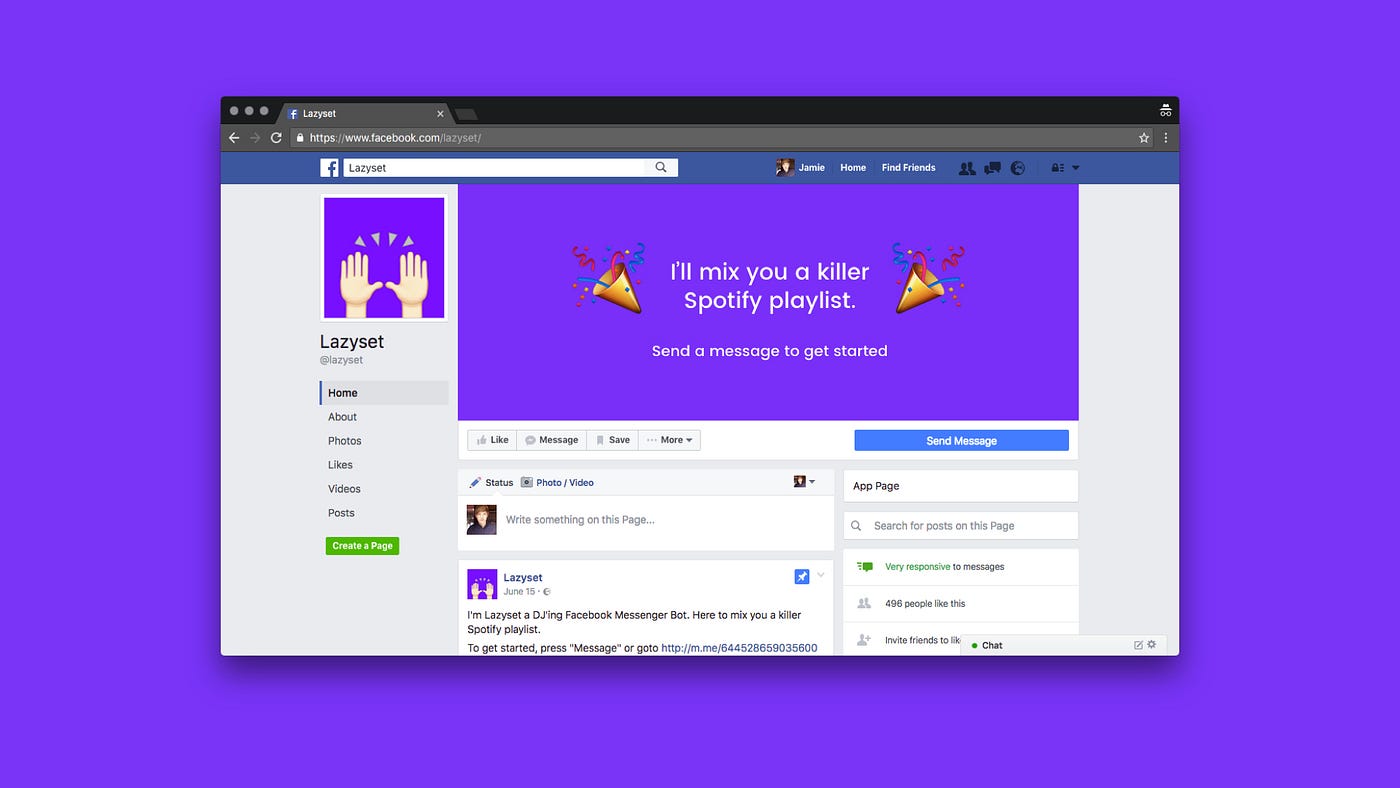 Version two: the Lazyset Facebook Page, where you message the bot instead of tweeting it.
