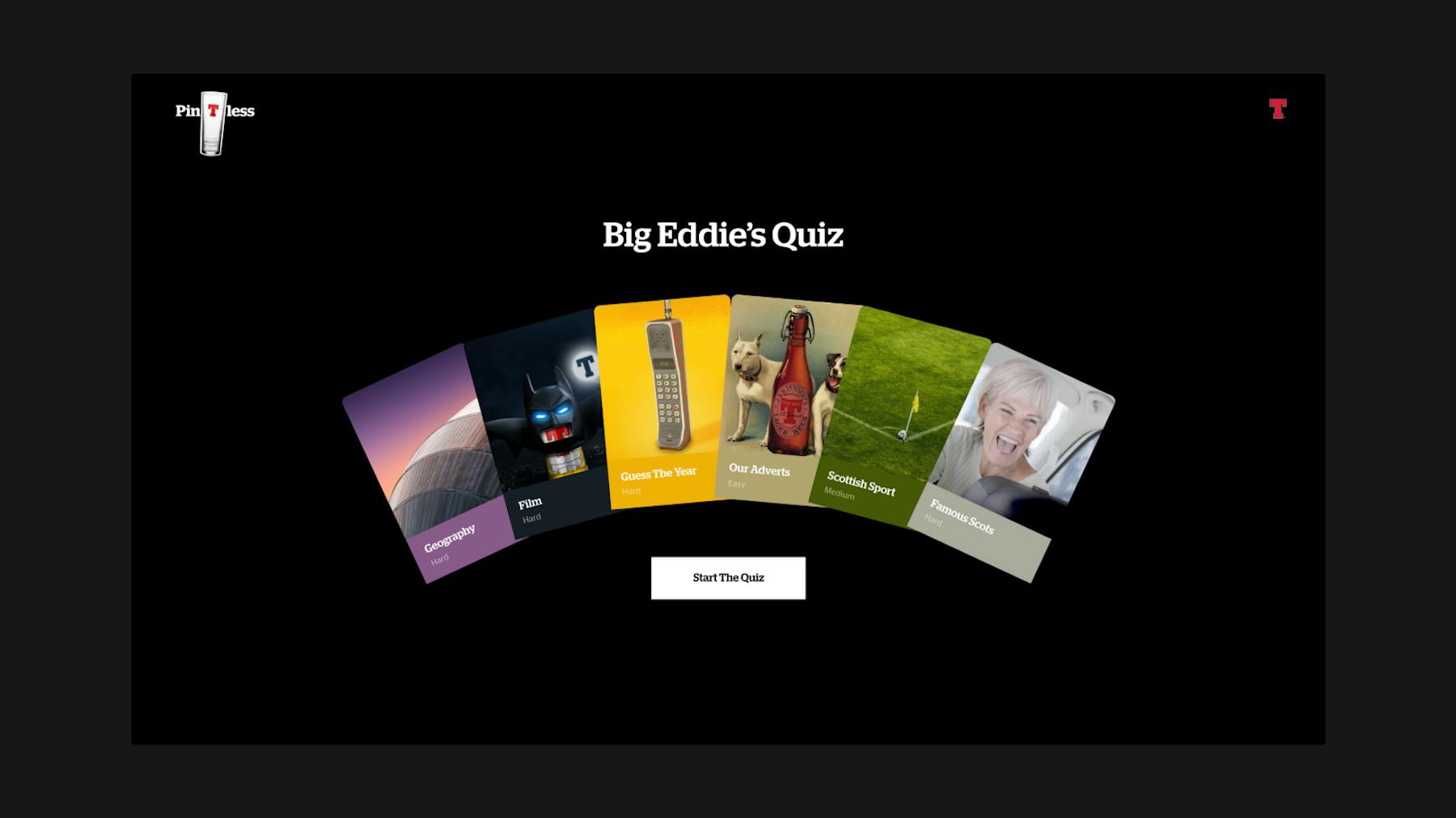 Pintless, 2020: a quiz assembled from question packs, from Geography (Hard) to Our Adverts (Easy).