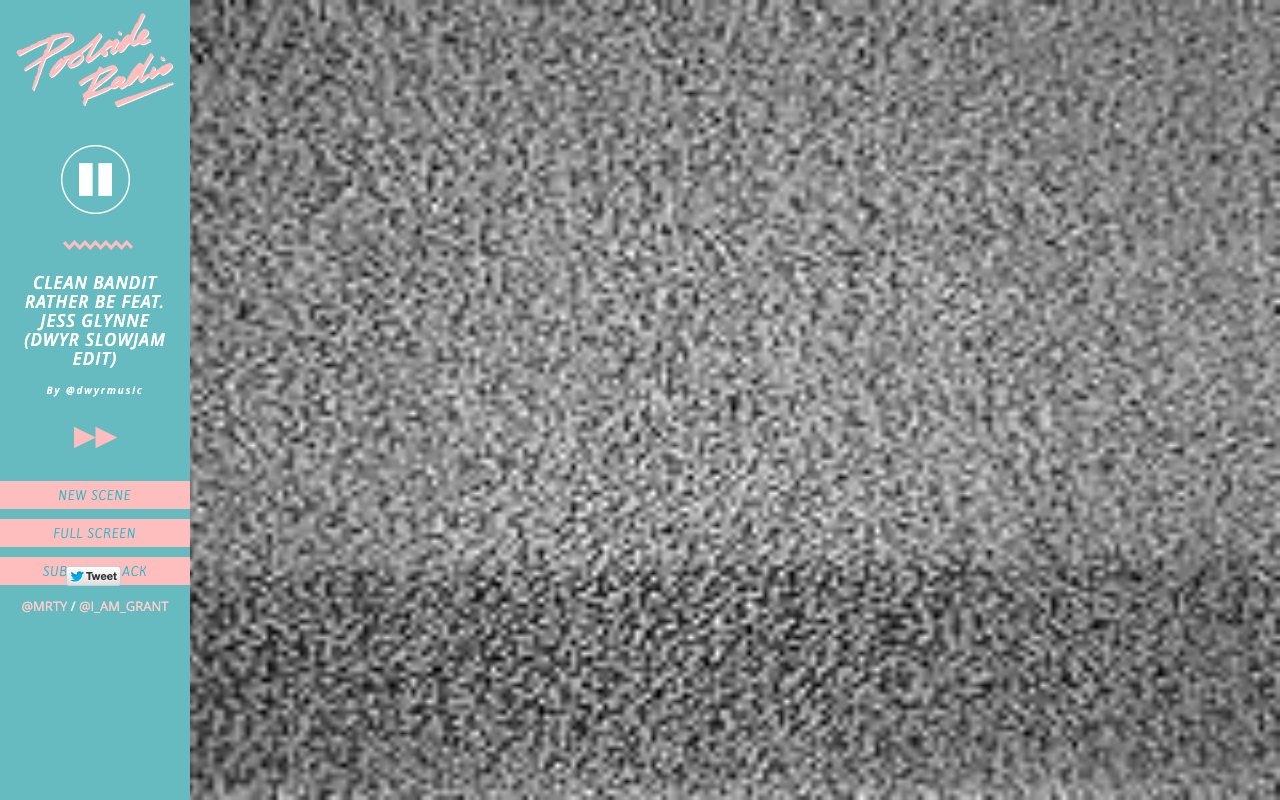The first player as archived in May 2014: play, skip, NEW SCENE, and the credit @MRTY / @I_AM_GRANT. The static is where the archived YouTube clips used to play.