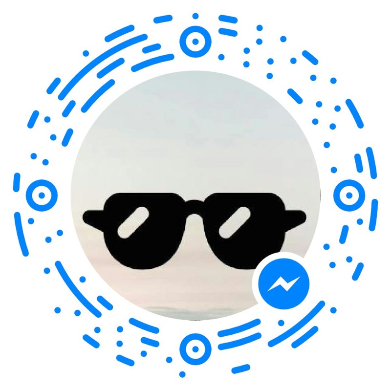 The bot's Messenger code (scan to start a chat), with its aviator-sunglasses avatar. From the Product Hunt gallery.